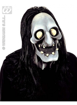 Maska latex Halloween svítící - lebka vlasy černé